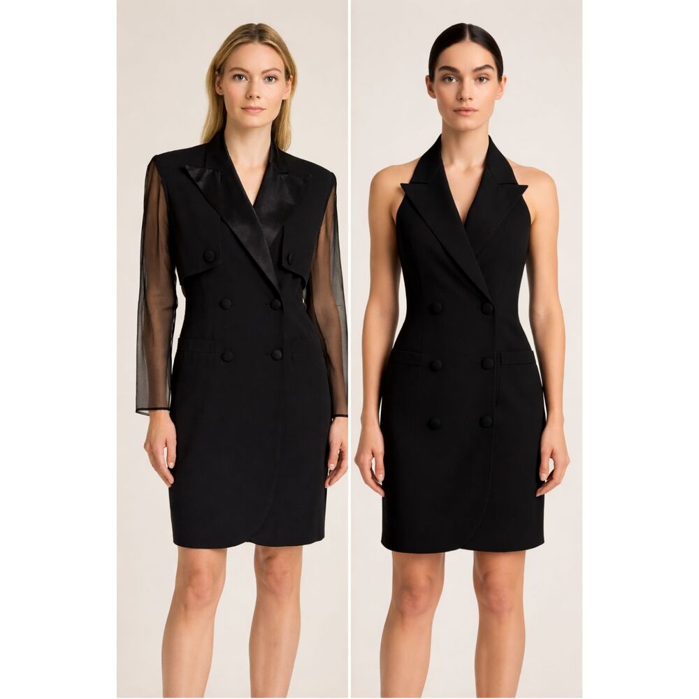 Joseph Ribkoff Black Halter Blazer Dress 2in1 Sheer Overlay Sheer Sleeve Size 10